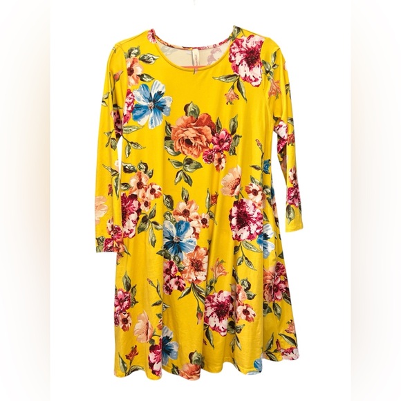 Peppermint Women’s Floral Long Sleeve Yellow Midi Dress With Pockets Size M - Picture 1 of 6